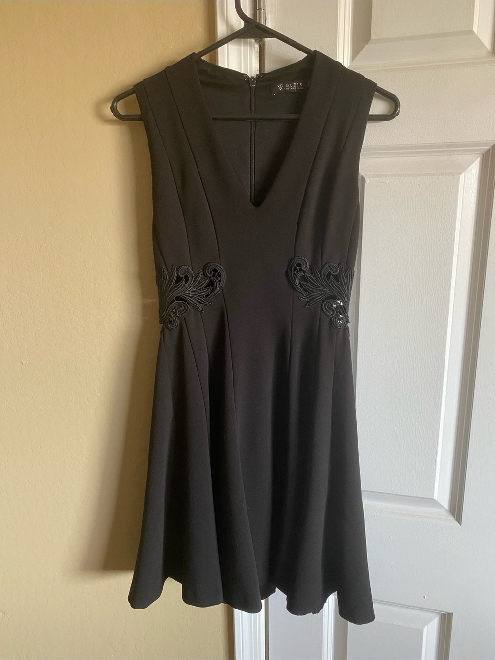 Guess Los Angeles Black Fit & Flare Dress Embroidered Cutout Waist LBD